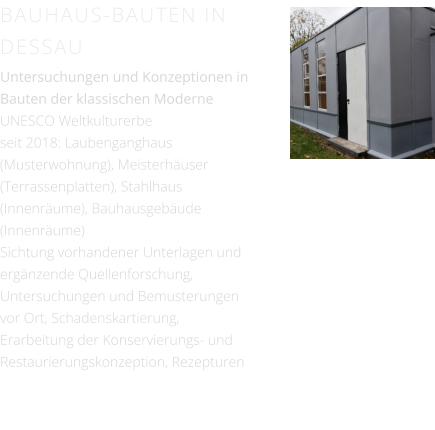 BAUHAUS-BAUTEN IN DESSAU Untersuchungen und Konzeptionen in Bauten der klassischen ModerneUNESCO Weltkulturerbe seit 2018: Laubenganghaus (Musterwohnung), Meisterhäuser (Terrassenplatten), Stahlhaus (Innenräume), Bauhausgebäude (Innenräume) Sichtung vorhandener Unterlagen und ergänzende Quellenforschung, Untersuchungen und Bemusterungen vor Ort, Schadenskartierung, Erarbeitung der Konservierungs- und Restaurierungskonzeption, Rezepturen